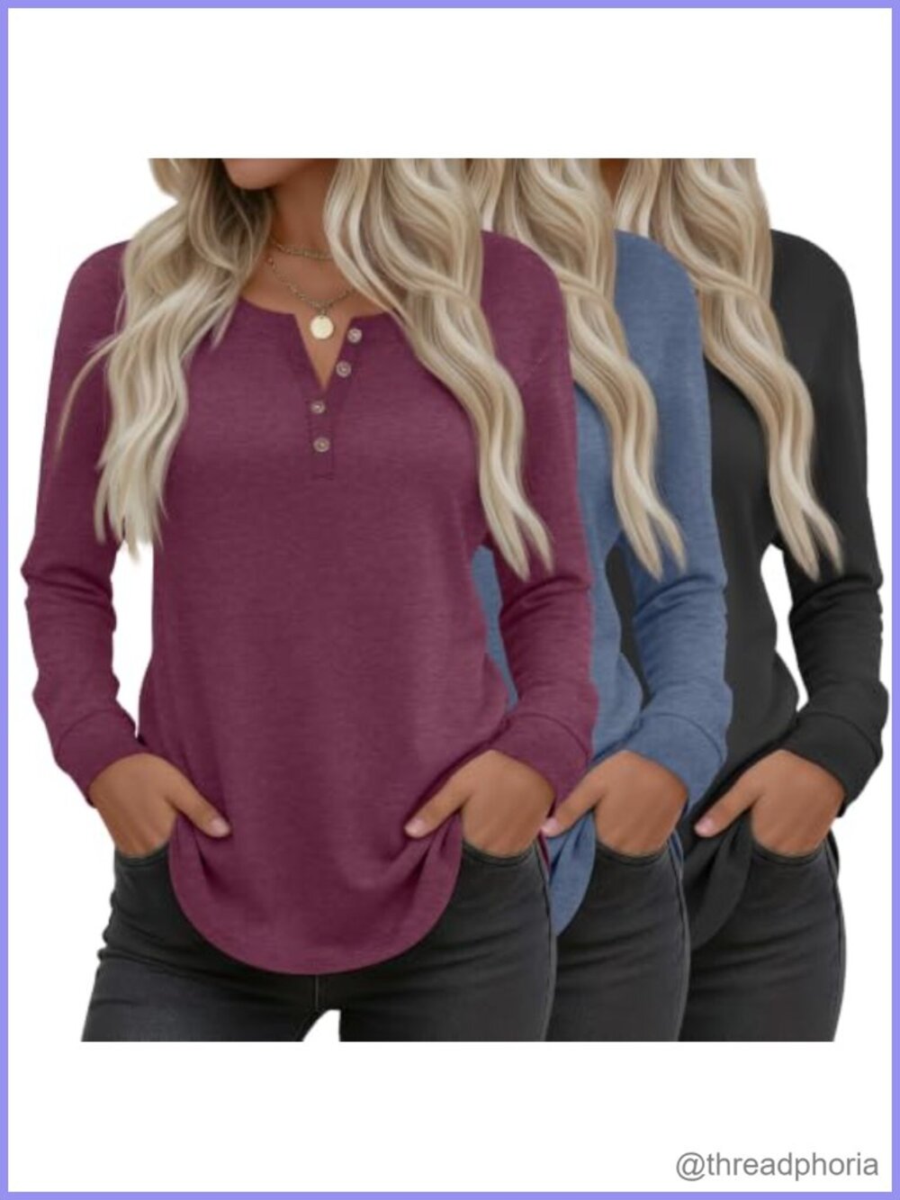 3 Pack Long Sleeve Henley Shirts Tunic Tops Curved Hem Loose Fit